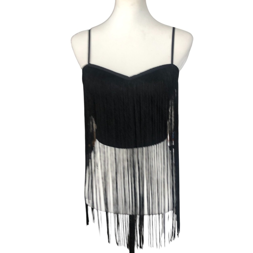 Filtre Black Fringe Western Cowgirl Boho Strappy Sexy Festival Zip‎ Crop Top S